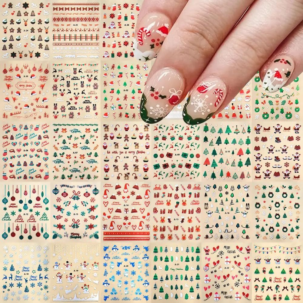 Nail Art Christmas Stickers Glitter Snowflake Elk 3D Adhesive Nail Stickers Cartoon Christmas Nail Ornaments