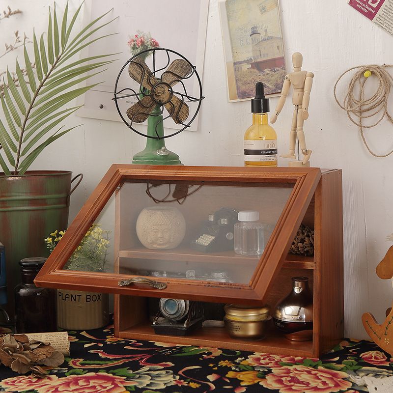 Desktop Mug Storage Box Glass Tea Set Display Cabinet Cosmetics Rack Lipstick Dustproof Wooden Lid