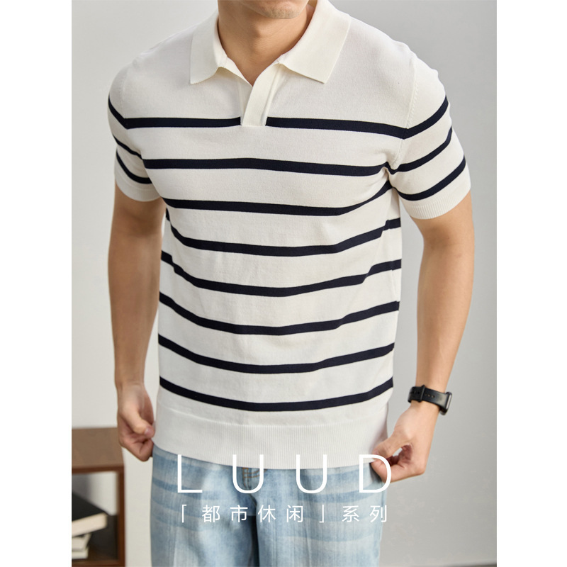 Summer Old Money Style Black and White Striped Knitted Breathable Versatile Short Sleeve T-Shirt Men's Polo Shirt with a Sophisticated Turn-Down Collar Slim Fit