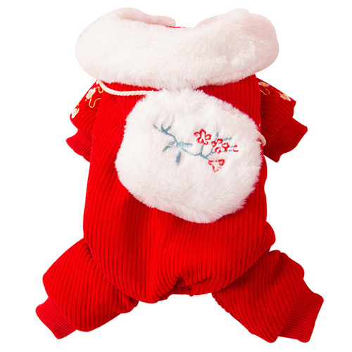 Autumn and winter dog strawberry doll collar embroidered New Year four-legged Tang suit cat warm thickened cotton coat pet clothes
