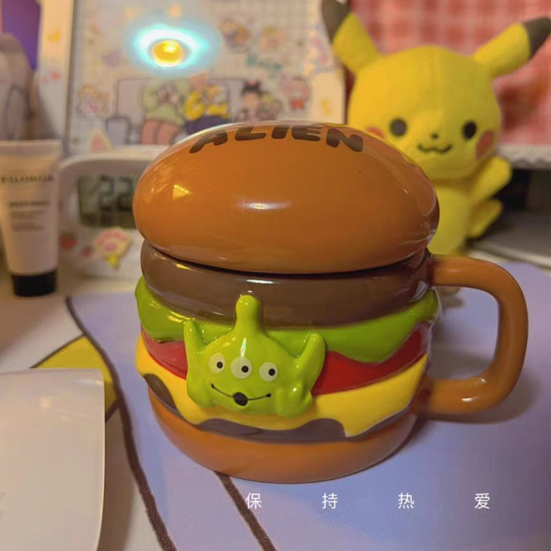 出口汉堡三眼仔陶瓷马克杯情侣早餐杯咖啡杯立体日式卡通带盖水杯