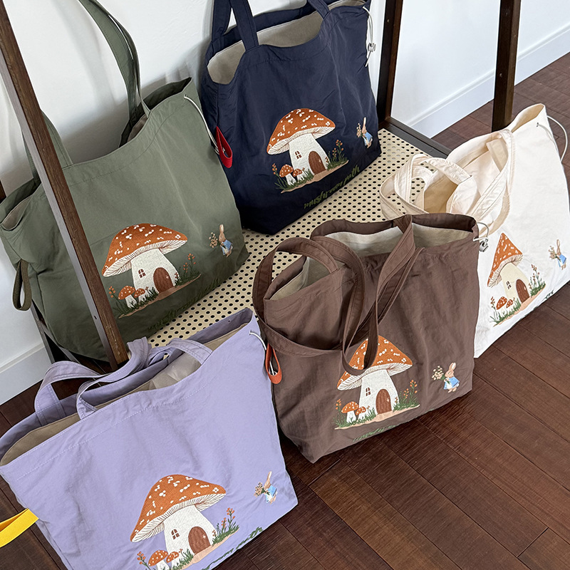 Japanese-Style Mushroom House Embroidered Large-Capacity Shoulder Bag for Women Versatile Portable Student Tote Shopping Bag