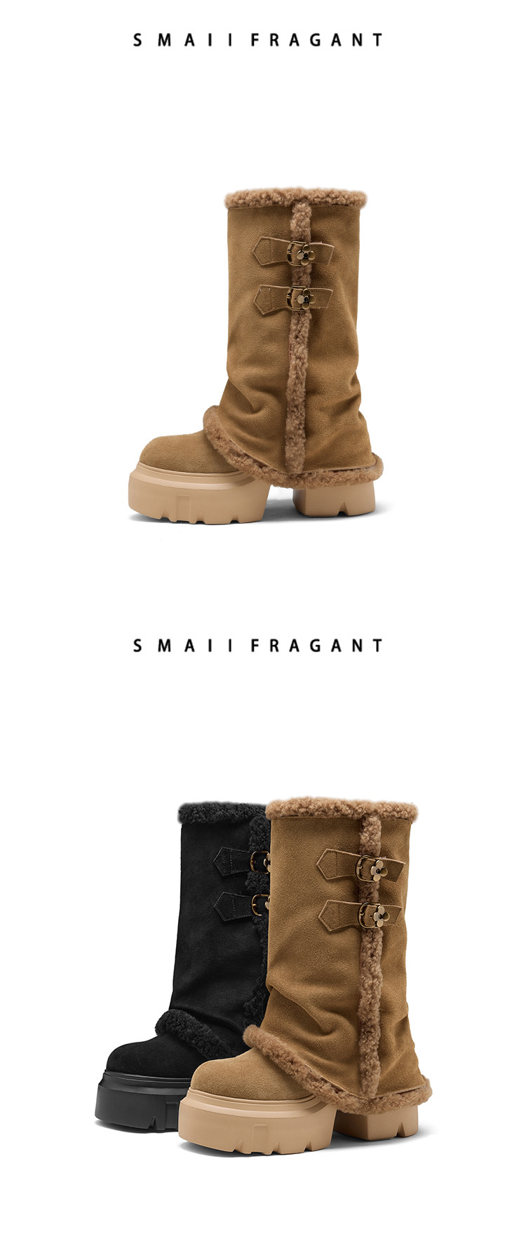 Boot nữ cổ cao ôm bắp chân, đế dày tăng chiều cao 12 cm, lót lông ấm, chất liệu cotton dày màu kaki — nhung đen chi tiết 9