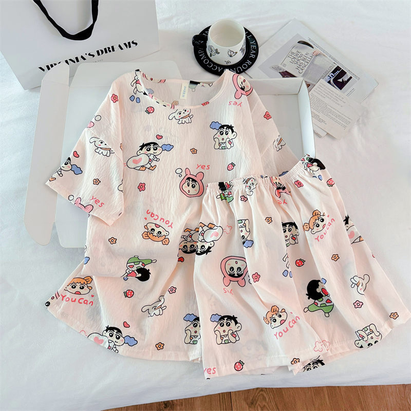Transfronterizo al por mayor pijamas de algodón nubes de dibujos animados ropa de casa de mujer chaqueta manga corta pantalones cortos set set de cuello redondo set de dos piezas