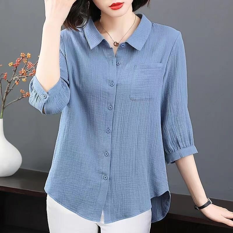 High-Quality Cotton Shirt Tops for Women, Three-Quarter Sleeves, New Spring Style, Plus-Size Women's Fashion, Stylish Turn-Down Collar Casual Shirts