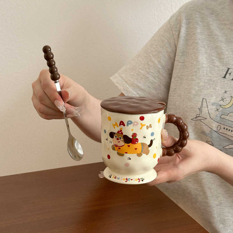 かわいいダックスフントセラミックマグ蓋スプーン付き家庭用飲料朝食コーヒーミルクカップ実用的な誕生日プレゼント|undefined