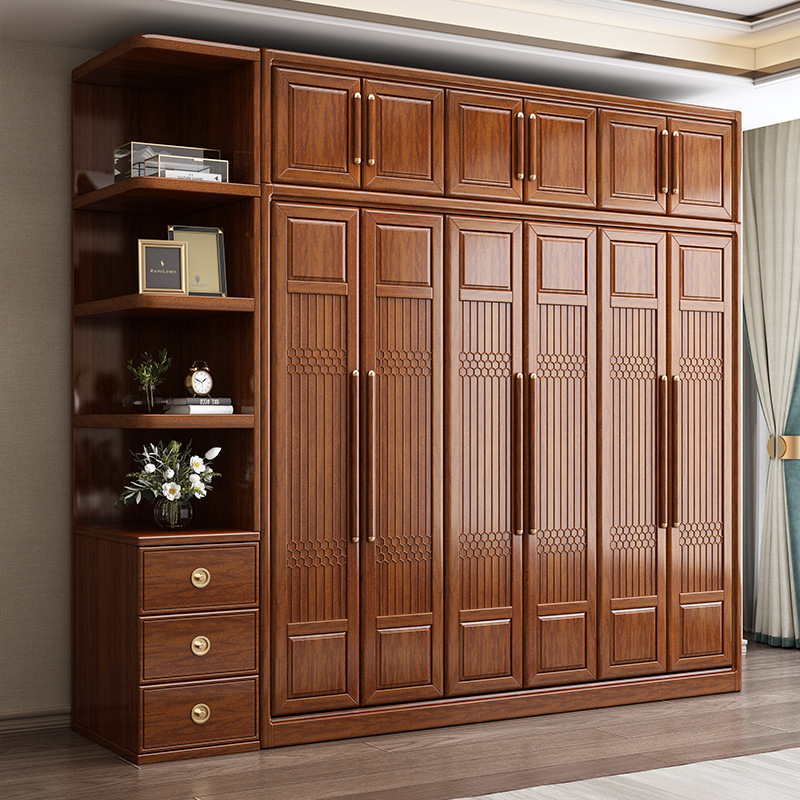 新中式胡桃木全实木卧室对开门原木衣橱梳妆台简约现代四门大衣柜