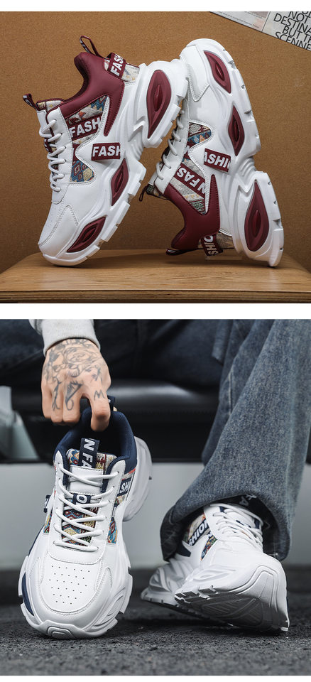 Giày sneaker nam cổ lửng đế dày tăng chiều cao, phối màu, dây buộc, cỡ lớn — Trắng kaki, Trắng xanh, Táo đỏ trắng chi tiết 15