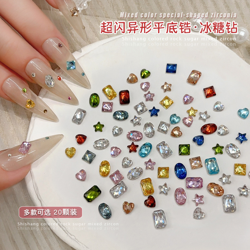 Colorful Zircon Diamond Nail Art Accessories, Sparkling Flat-Bottomed Pigeon Egg-Shaped, Heart-Shaped, Five-Pointed Star, Ice Sugar-Shaped, Irregular Nail Diamonds