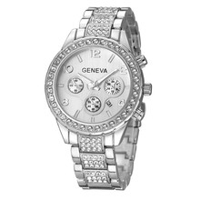 热销女表GENEVA日内瓦手表 镶钻三眼钢带日历腕表