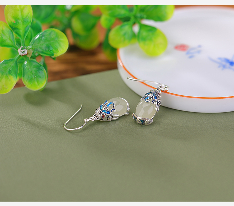 Mặt dây chuyền bạc S925 hình đồng xu Tỳ Hưu ngọc bích thanh thủy, phong cách quốc triều, bộ hai mảnh kèm bông tai — Kiểu mặt dây chuyền (không có dây chuyền) chi tiết 4