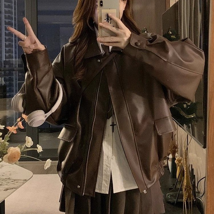 棕色皮衣外套女2025秋冬季新款小个子港风复古美式夹克美拉德机车|undefined