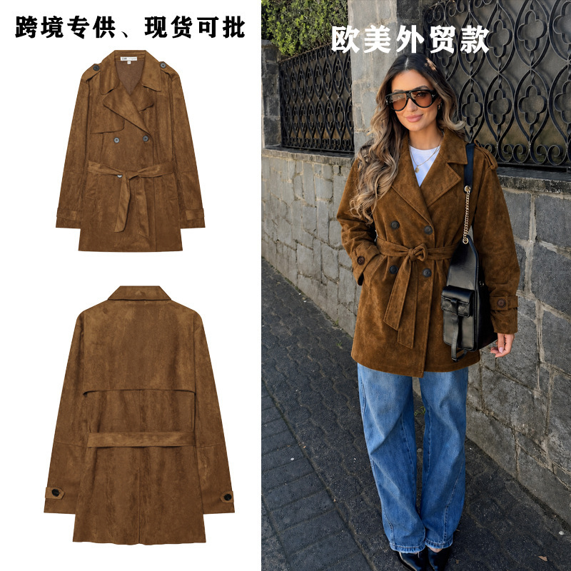 European and American style retro mid-length coat for women with large lapel, shoulder epaulette decoration, and tie belt effect 4968028