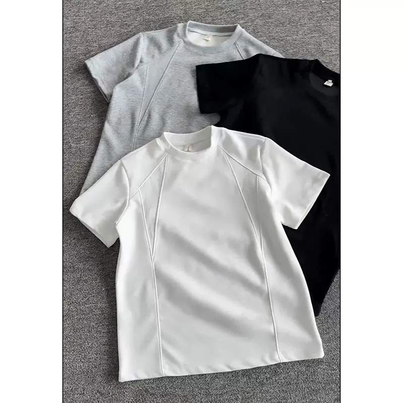 简恒白色小领口正肩短袖男夏季美式太空棉拼半袖boxy重磅硬挺t恤