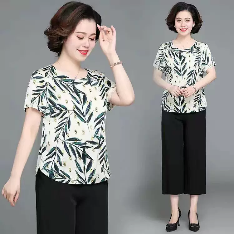 Silk summer clothing for mother, sleeves, summer set, with short sleeve, western style