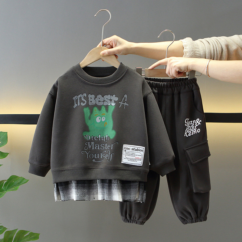 7676 Traje para niños para niños Primavera y otoño 2025 Nuevo suéter de primavera para niños de dos piezas Moda suelta Versión coreana