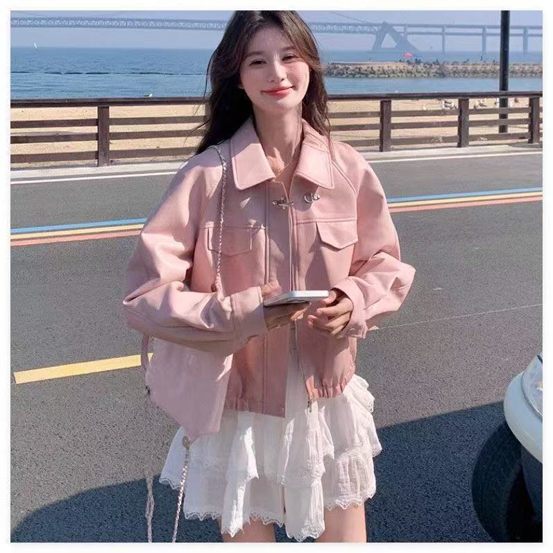 Women's Leather Jacket 2025 New Spring and Autumn Loose Petite Biker Pu Leather Hong Kong Style Top Versatile Pink