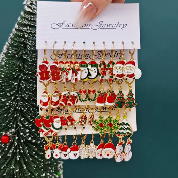 Cross-Border European and American Christmas Earrings for Women, Personalized Creative Alloy Snowman Santa Claus Gift Oil Drop Earrings Multi-Piece Set