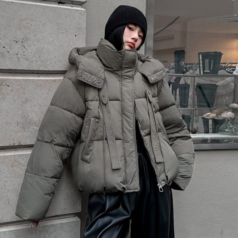 Europa americana ropa de algodón corta mujer invierno 2025 nuevo estilo de moda con capuzas curry grueso chaqueta de algodón