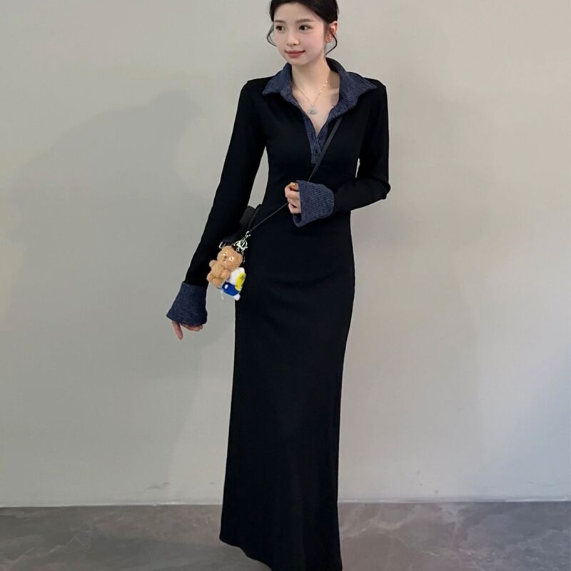 Black Patchwork Polo Collar Knitted Dress for Women, Autumn and Winter Long-Sleeve Waist-Cinching Dress, Vintage Style A-Line Long Dress