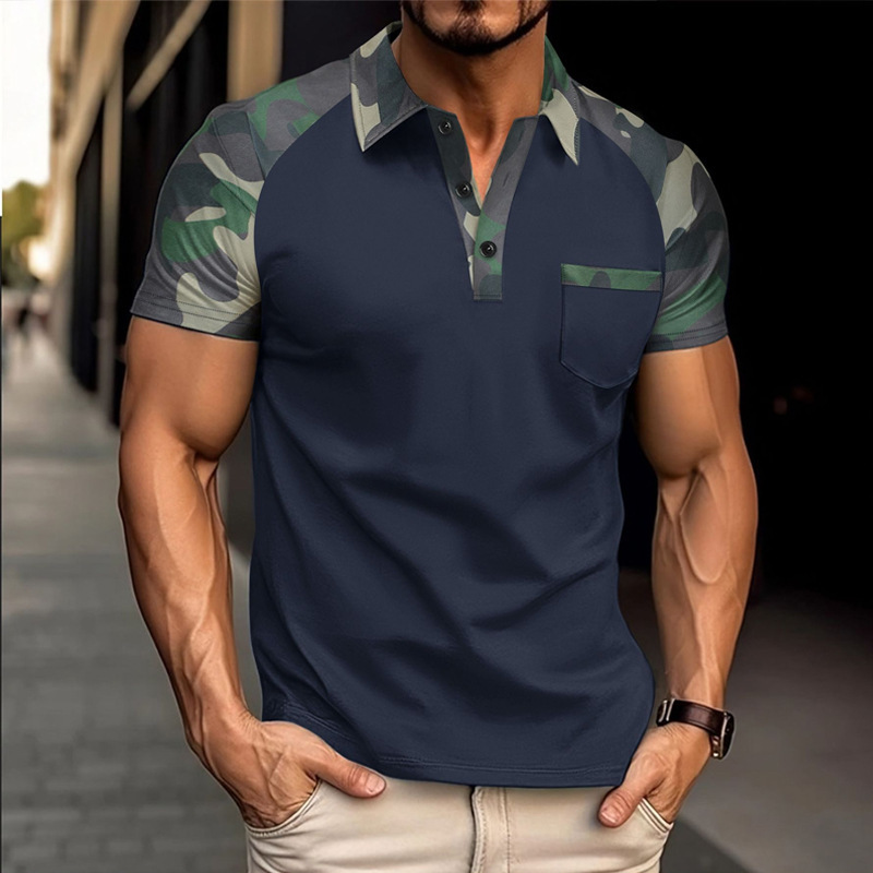 European and American Cross-Border Men's Summer Short-Sleeved Polo Shirt with Lapel Collar, Men's Camouflage Patchwork Casual Polo Shirt