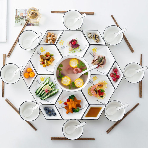 创意网红拼盘餐具 团年饭家用陶瓷碗菜盘子组合 北欧风碗碟套装