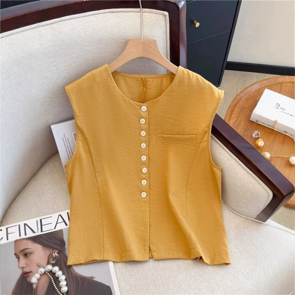 Корейский стиль, ретро жилет без рукавов, рубашка для женщин, летняя свободная рубашка для похудения, уникальный яркий короткий жилет из хлопка и льна, топ