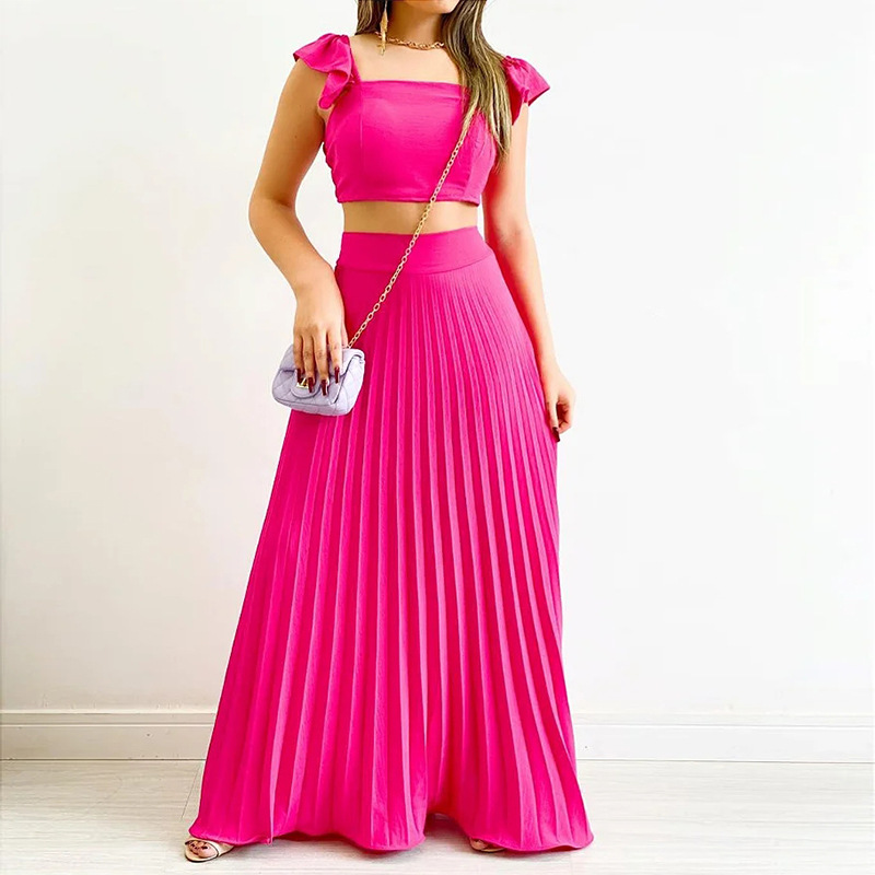 Romantic Solid Color Polyester Pleated Skirt Sets 2 Piece Set