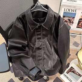 高级感皮衣外套男士秋季新款宽松翻领工装夹克潮牌痞帅机车服上衣