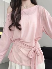 粉色绑带慵懒罩衫女夏季新款宽松T恤薄款设计感微透防晒外穿上衣