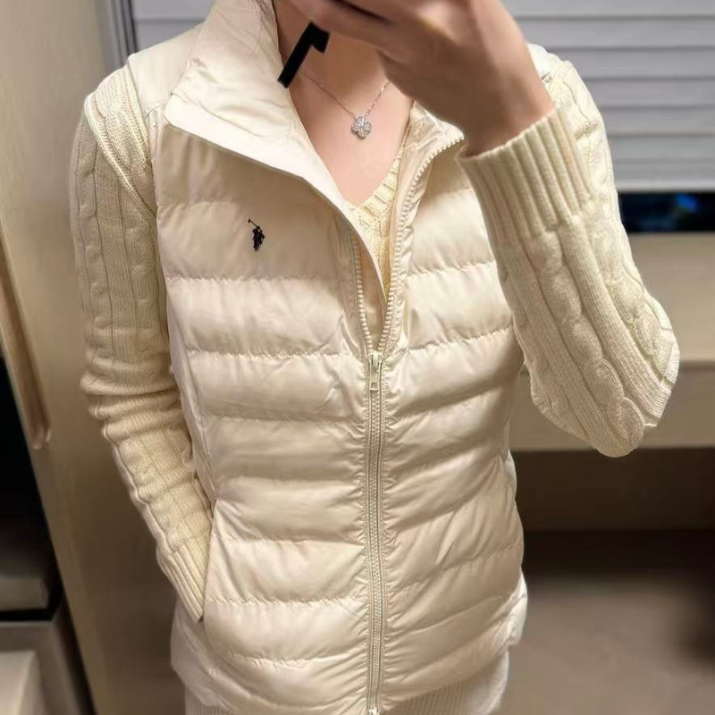 High-quality RL down vest, featuring a classic small horse embroidery, solid color, stand-up collar, casual style, and versatile design, a sleeveless top for women