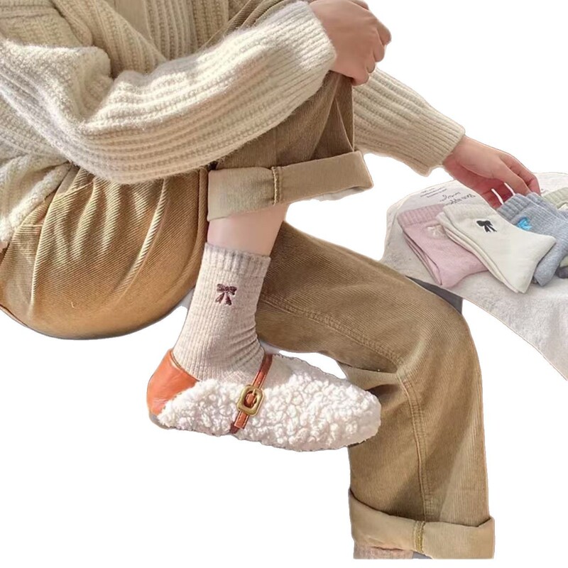 秋冬厚手の女性用ソックス 新作インズ 暖かい秋冬リボンストッキング ミッドカーフソックス レディース 春秋ロングソックス 1|undefined