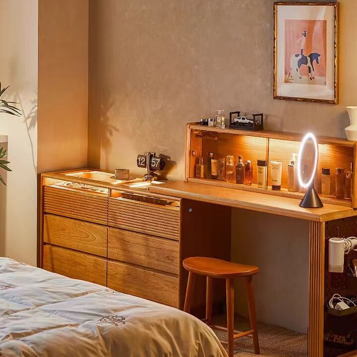 Nordic Cherry Wood Log Solid Wood Bucket Cabinet Dressing Table Integrated Makeup Table Bedside Cabinet Bedroom Desk