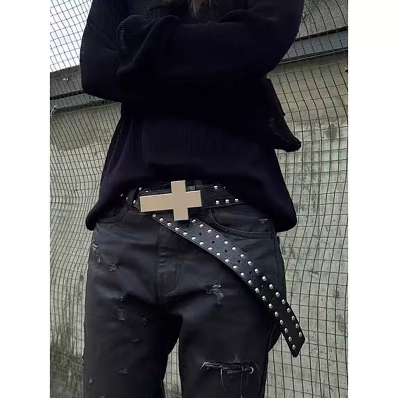 Ремень unisex ретро в американском стиле с крестовой пряжкой — чёрный, 2 карат