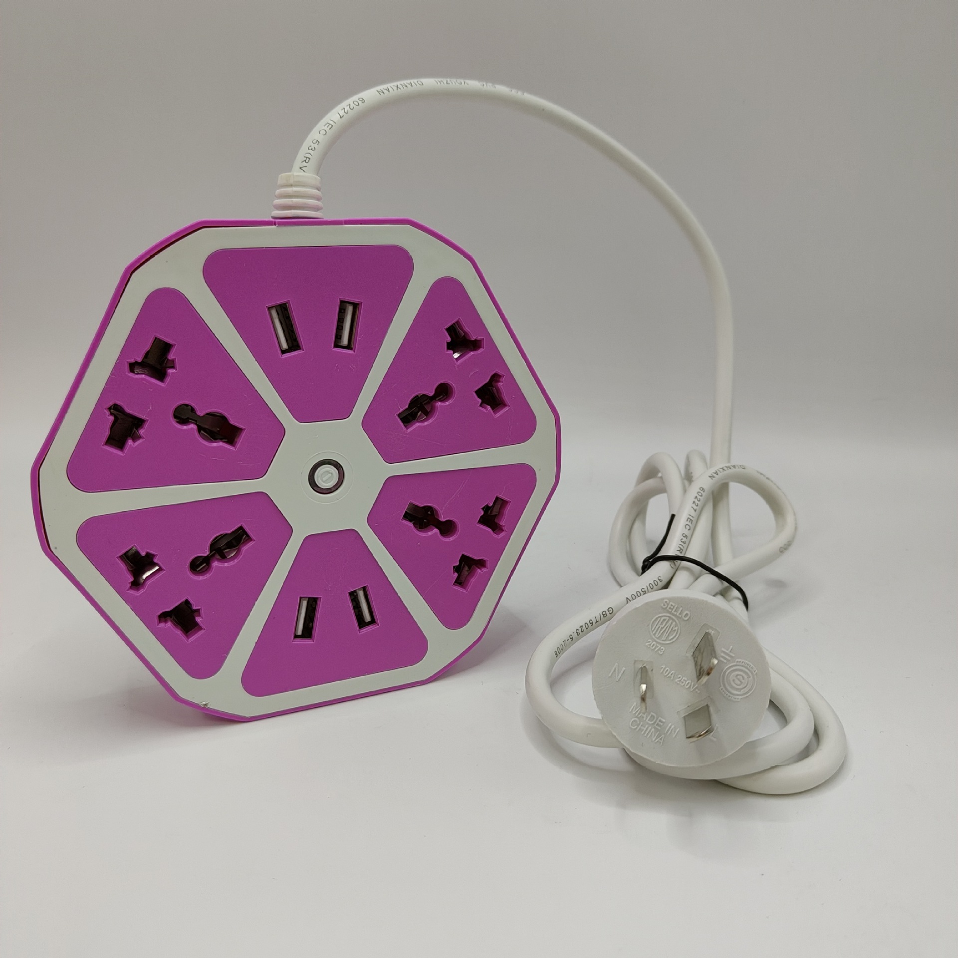 跨境电商外贸出口创意水果六角圆盘形带US万能孔带线排插厂家直销