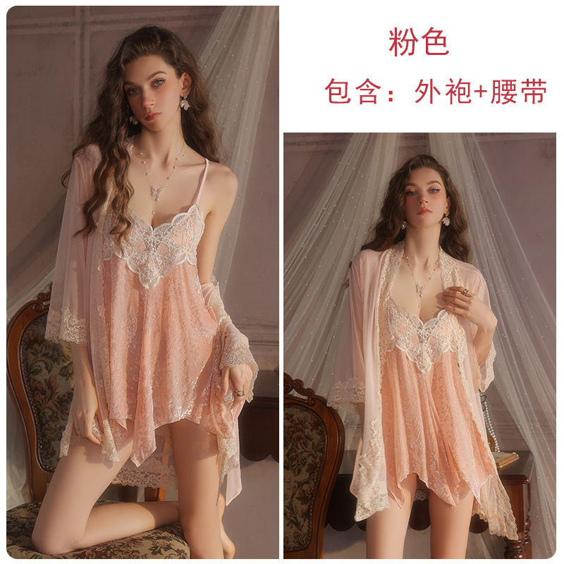 瑰若深V火辣加胸垫内衣纯欲甜美丝绒睡裙网纱外袍家居服套装5758|undefined