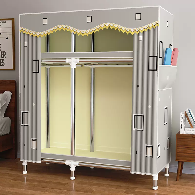 布衣柜家用卧室全钢架加粗加厚结实耐用出租房小户型组装简易衣橱