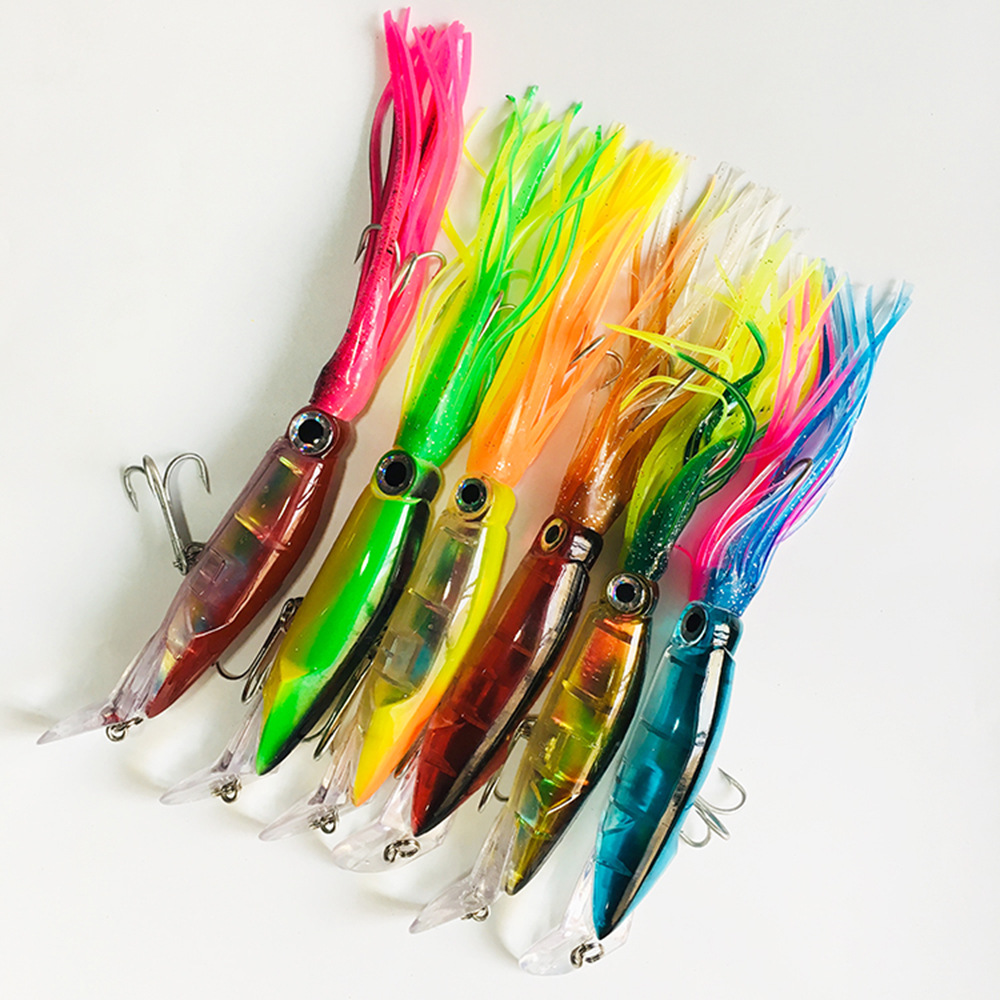 6 Pcs Large Simulation Squid Fishing Lures Baits Squid Skirts Hard Fishing Lures Lifelike Swimbait Octopus Bait Trolling Lures Saltwater with 2 Treble Minnow Hooks