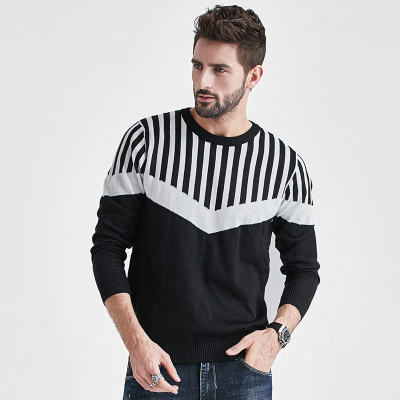 跨境專供歐美大碼男裝毛衣 圓領(lǐng)長袖休閑保暖條紋針織衫一件代發(fā)