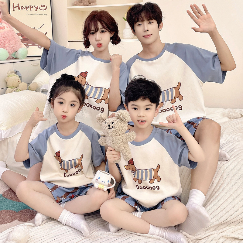 Parent-Child Pajamas, Pure Cotton Short-Sleeved, Medium and Large Children's Summer Thin Style Home Wear Set for a Family of Three, Boys, Girls, Mother and Daughter