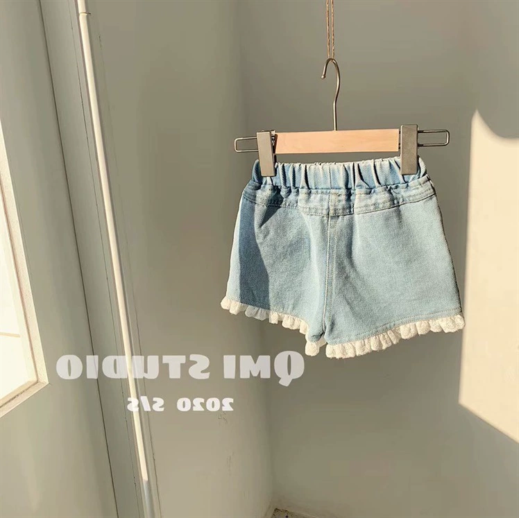 Denim lace‑trim shorts for girls, Korean style summer skirt‑shorts, elastic waist, sizes 100–160 cm