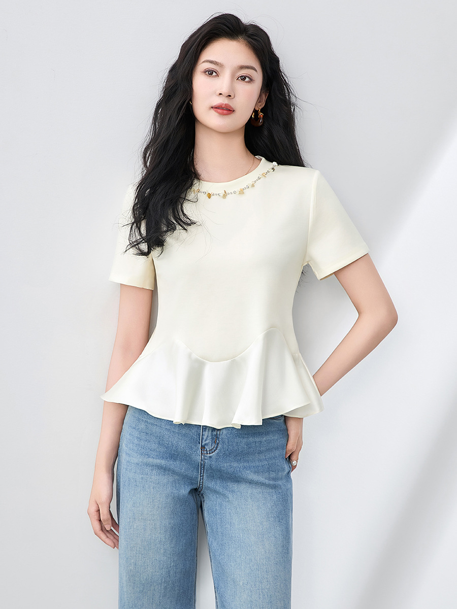Áo thun nữ cổ tròn tay ngắn đính kim cương viền bèo nhún kiểu Pháp — Màu đen