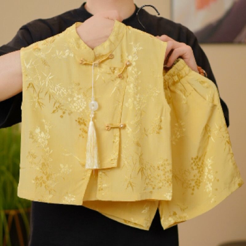 Children's Hanfu for Boys and Girls, New Summer Style, Baby Ancient Style Short Sleeve Shorts, Lightweight, Floral and Bamboo Leaf Pattern