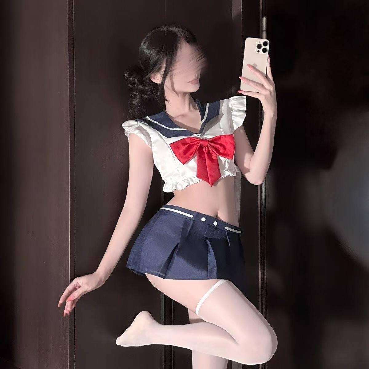 Sailor Schoolgirl Costume Set with Top, Miniskirt, Panties and Stockings — detail image 4