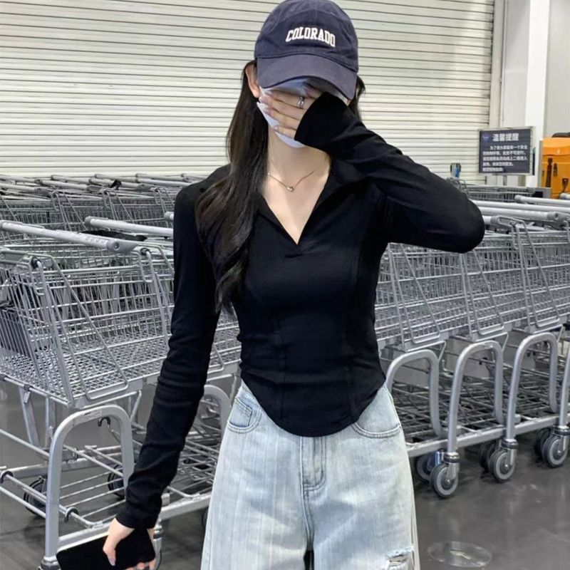 韩系气质修身正肩polo领打底长袖T恤女鱼骨设计感纯色纯欲风上衣|undefined