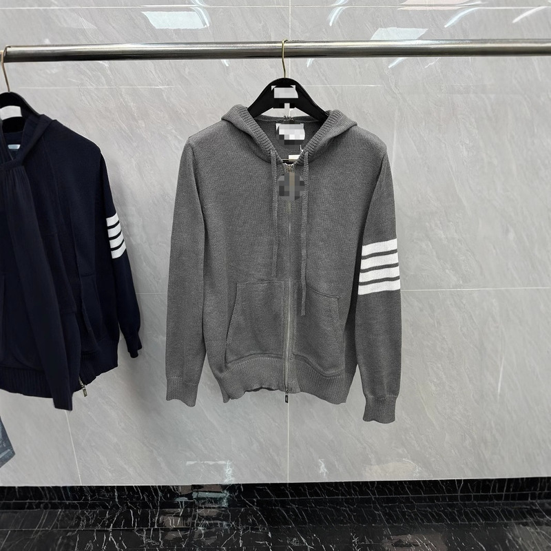[Powerful Factory] New Style Sweater for Men and Women with Sailboat Four-Stripe Zipper Hooded Wool Jacket Gray on the Back