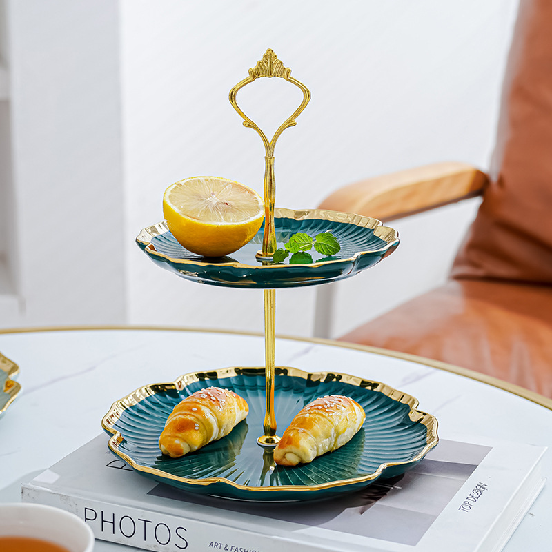 Nordic Golden Edge Light Placa de pastel de lujo moderna sala de estar mesa de café hogar plato de fruta multi-capa merienda postre decoración de la Mesa