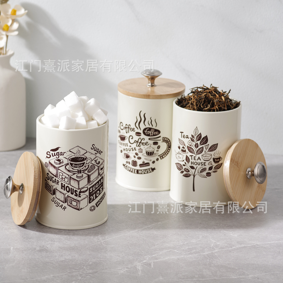 Coffee Bean Tea Sealed Jar Set Handle Bamboo Lid Kitchen Multi-Functional Storage Bucket Storage Model Room Bottle