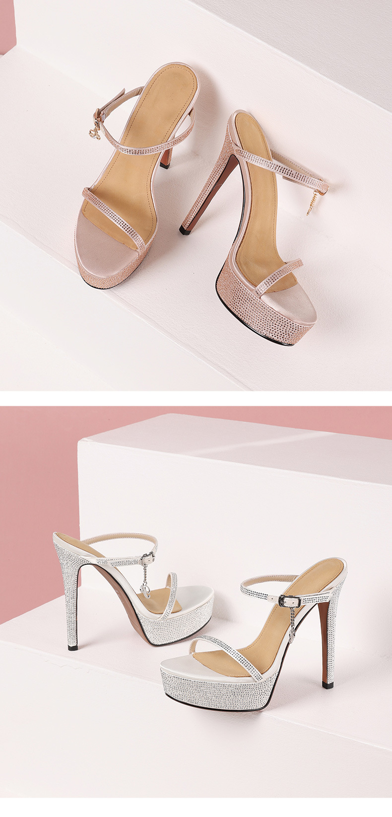 Sandal cao gót nữ hở mũi da thật đế platform đính đá gót 13 cm — Màu rượu sâm banh (13cm) chi tiết 5