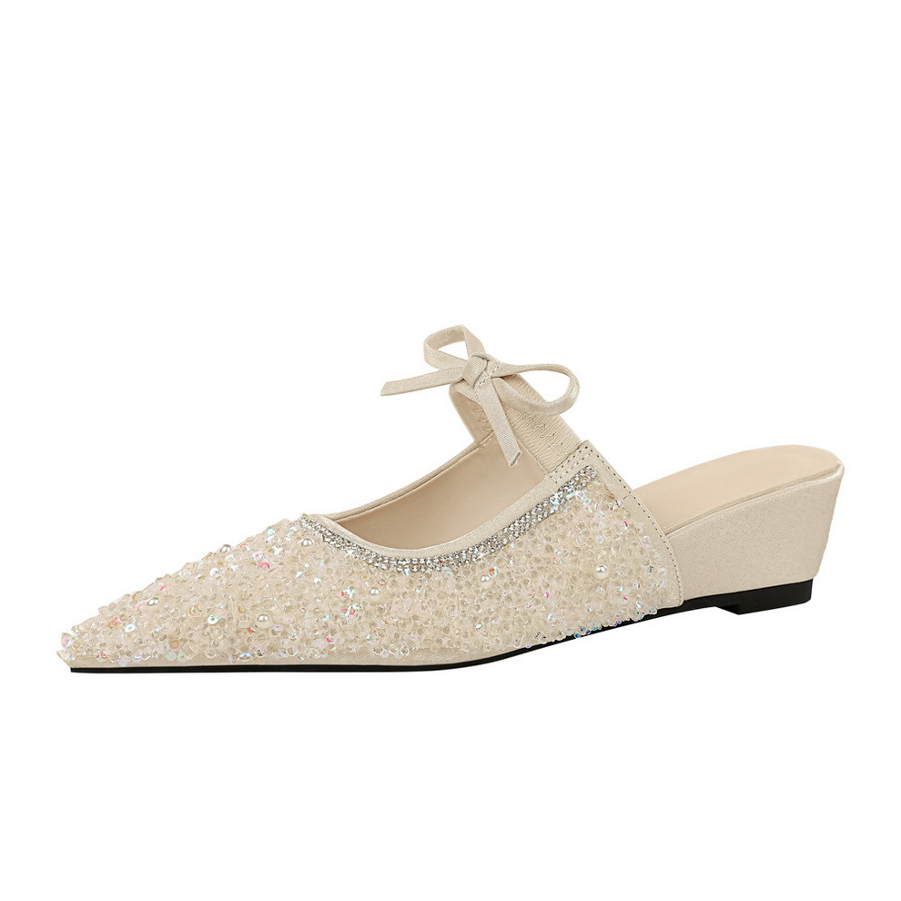 Pointed Rhinestone Mules With Bow, Comfortable Women's Shoes_voghion.com
